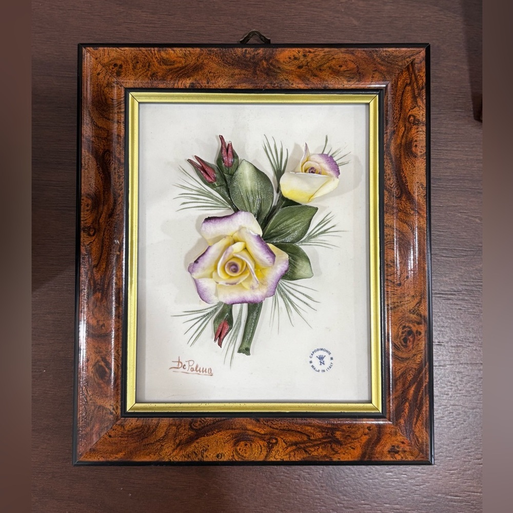 Authentic Capodimonte Italy Framed Wall Art Porcelain Flower Bouquet DcPolina